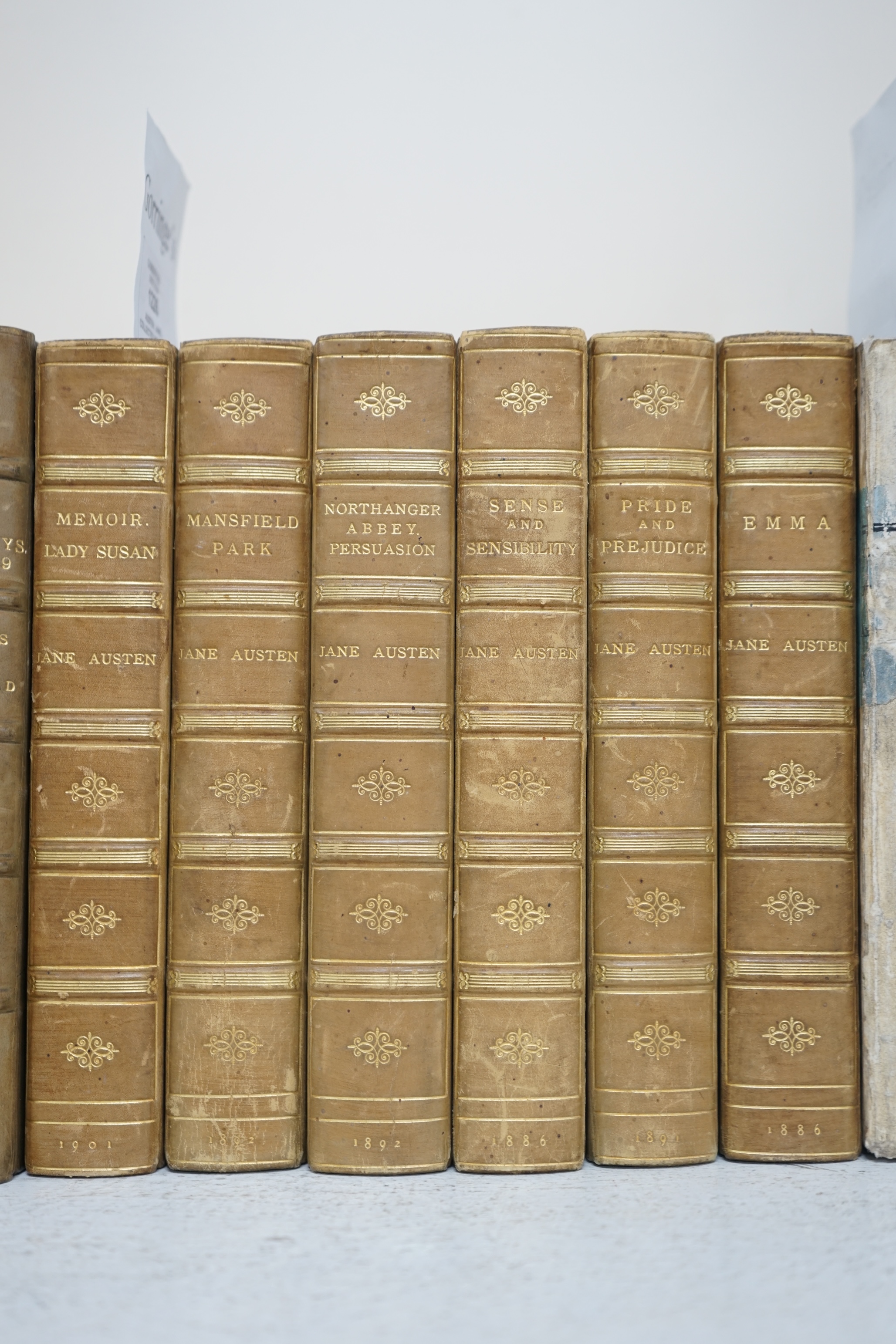 Austen, Jane - (Collected Novels). new editions, 5 vols. frontispieces; earlier 20th century green half calf and cloth, gilt decorated panelled spines, gilt tops, marbled e/ps. (by Spottiswoode & Co). Richard Bentley, 18
